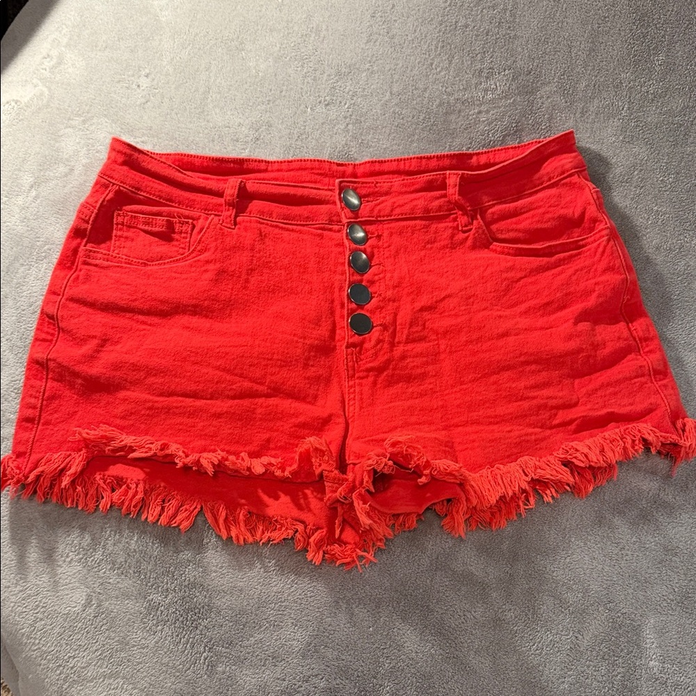 Red Frayed-Hem Denim Shorts with Button Fly